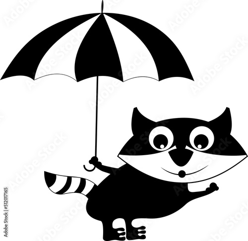 Cute raccoon holding umbrella. Illustration of cute raccoon cartoon holding umbrella. Black on white background 
