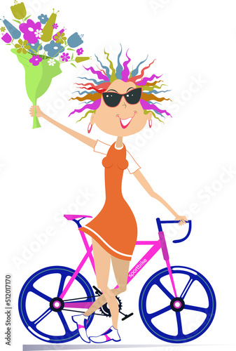 Smiling woman, a bike and bunch of flowers illustration. Cartoon young woman in sunglasses standing with a bike and holding bunch of flowers isolated on white background