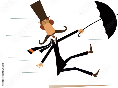 Cartoon man, umbrella and windy day. 
Funny long mustache man in the top hat staying on the strong wind isolated on white background
