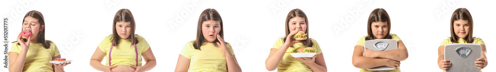Collage of overweight girl on white background Collage of overweight girl on white background