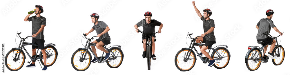 Set of male cyclist riding bicycle on white background Set of male cyclist riding bicycle on white background