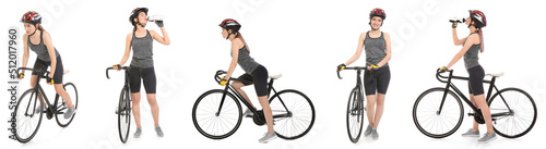 Set of female cyclist with bicycle on white background