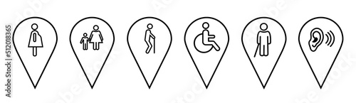 Set of Location pin icons. Modern map markers with image pregnant woman, elderly, wheelchair user, deaf and blind. Vector illustration in doodle style