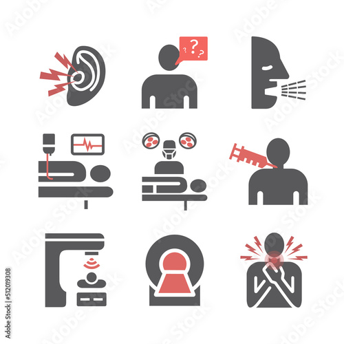 Laryngeal cancer. Symptoms, Causes, Treatment. Flat icons set. Vector signs for web graphics.