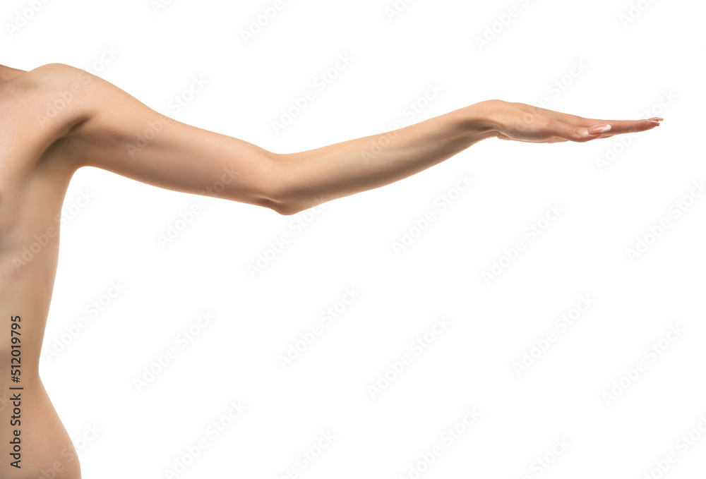 Young woman's stretched arm and palm. Isolated on white background Young woman's stretched arm and palm. Isolated on white background