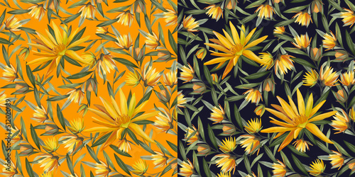 Seamless pattern with yellow tropical flowers and leaves of Strelitzia Reginae. Realistic style, hand drawn. Background for prints, fabric, wallpapers, wrapping paper, fashion.