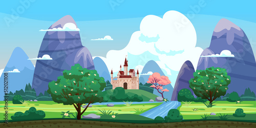 Fantasy landscape, castle, green hills, blooming trees, spring, mountains, panorama. Vector cartoon background illustration