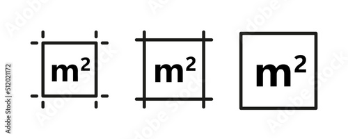 Square Meter icon. M2 sign. Flat area in square metres . Measuring land area icon. Place dimension pictogram. Vector outline illustration isolated on white background. photo