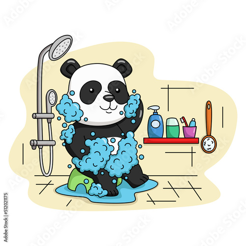Cartoon illustration of a cute panda taking a bath