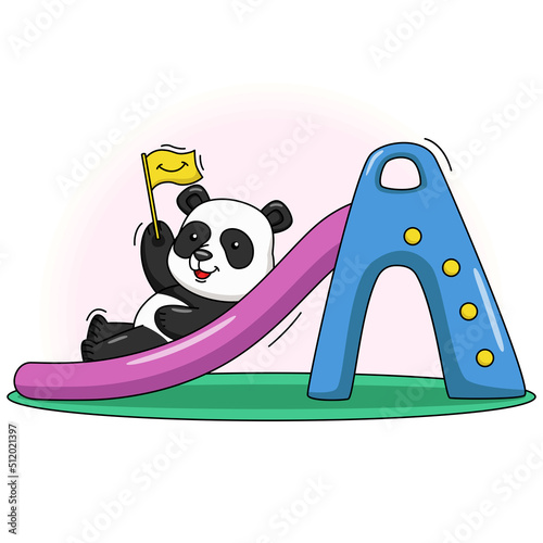 Cartoon illustration of a cute panda playing on a slide