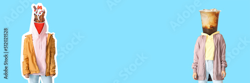 Man with glass of tasty lime cocktail instead of his head on light blue background