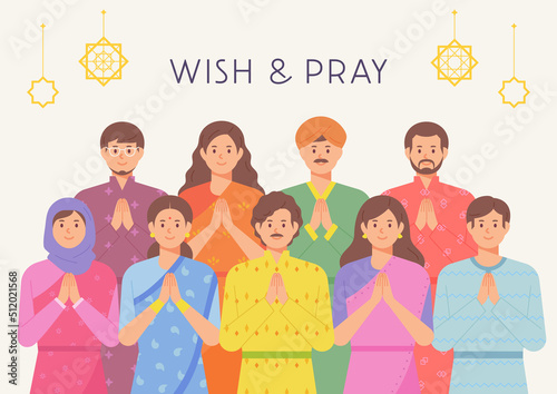 People in traditional Indian clothes are holding hands and praying. Crowd gathered for traditional Indian festival. flat design style vector illustration.