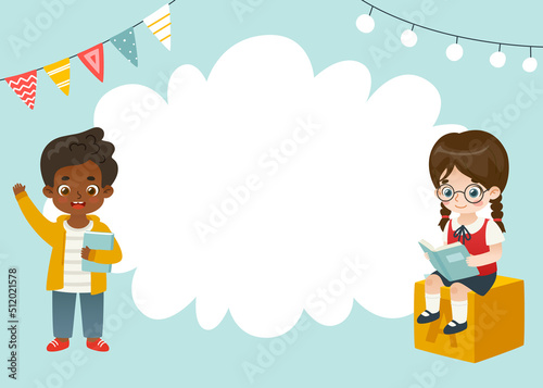 Frame with cartoon kids. Banner template with empty text area. Cute school children background.