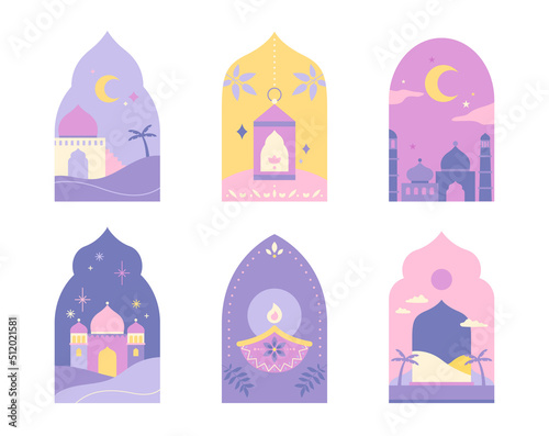 Beautiful temples and festivals illustration in Indian traditional patterned frame. flat design style vector illustration.