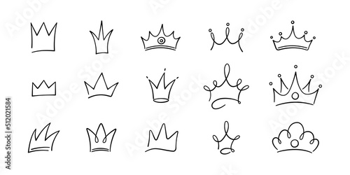 Hand drawn doodle crowns set. King crown sketches, majestic tiara, king and queen royal diadems. Vector illustration isolated in doodle style on white background.