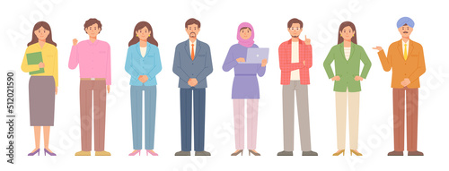 A business man in a formal style is standing and making various gestures. There is a man in a turban and a woman in a hijab. flat design style vector illustration.