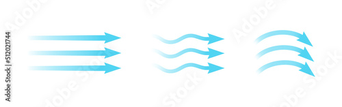 Air flow. Set of blue arrows showing direction of air movement. Wind direction arrows. Blue cold fresh stream from the conditioner. Vector illustration isolated on white background.