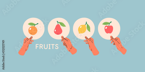 Human hands hold geometric flat round shapes with fruit images. A set of isolated objects in the background.