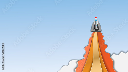 papercut postcard .rocket launch on the background of the sky and clouds from kopi space. vector illustration