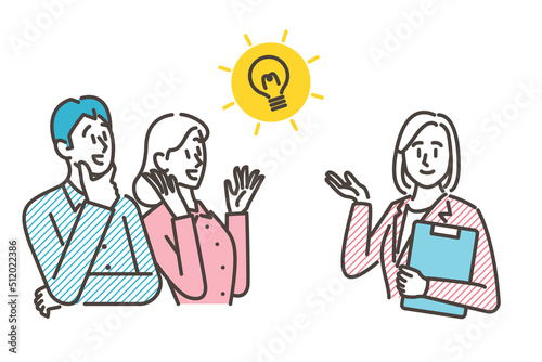 Female saleswoman explaining to a young couple [Vector illustration].