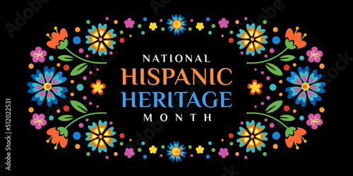 Vector web banner Hispanic heritage month. Poster, card for social media, networks. Greeting with national Hispanic heritage month text, frame, vignette with flowers on floral pattern background