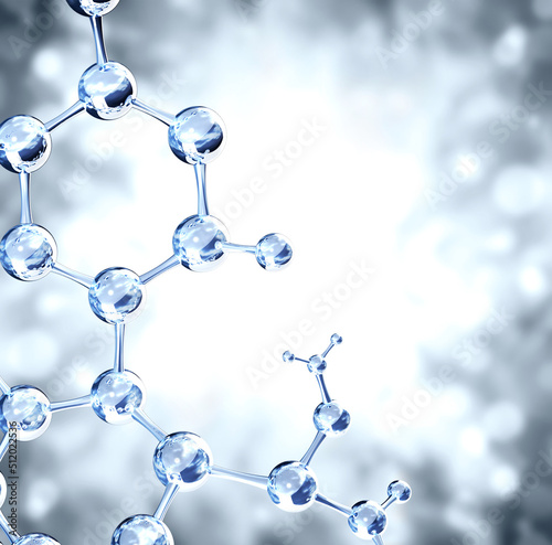 Square backdrop with model of abstract molecular structure. Background of gray color with atom and sparks