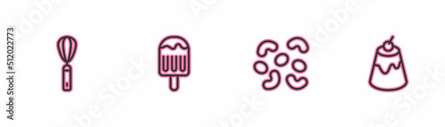 Set line Kitchen whisk, Jelly candy, Ice cream and Pudding custard icon. Vector