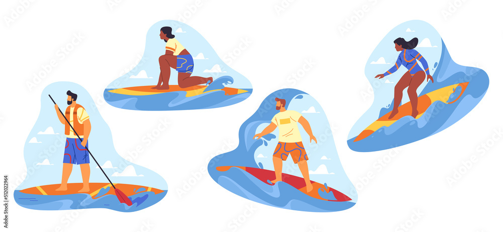 Surfing or paddling stickers or icons, vector set Surfing or paddling stickers or icons, vector set