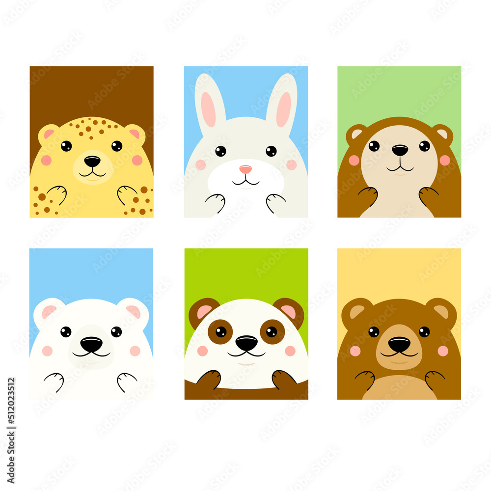 Set of kawaii member icon. Cards with cute cartoon animals. Baby collection of avatars with leopard, panda, brown bear, gopher, rabbit, polar bear. Vector illustration EPS8