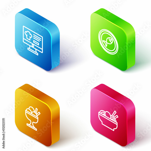 Set Isometric line Online ordering and delivery, Served fish on plate, Ice cream bowl and Asian noodles icon. Vector