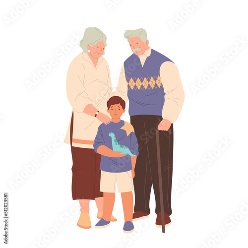 Grandparents and grandon, vector flat family photo