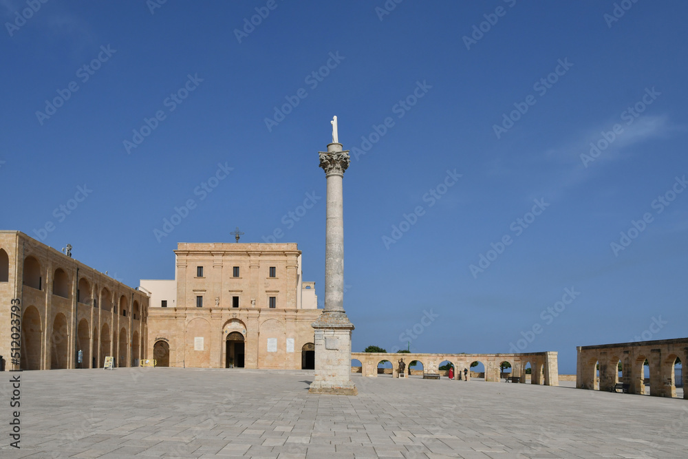 View of the square of the sanctuary of Santa Maria di Leuca, a town in southern Italy in the province of Lecce.