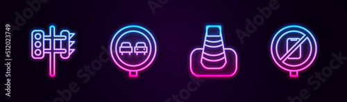 Set line Traffic light, No overtaking road traffic, cone and cell phone. Glowing neon icon. Vector