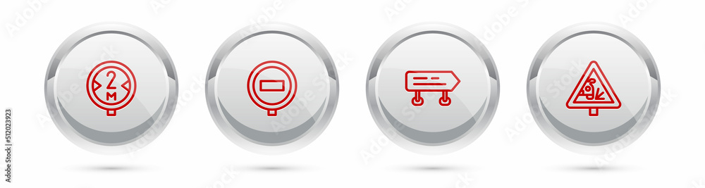 Set line Road traffic sign, Stop, and Warning road. Silver circle button. Vector Set line Road traffic sign, Stop, and Warning road. Silver circle button. Vector