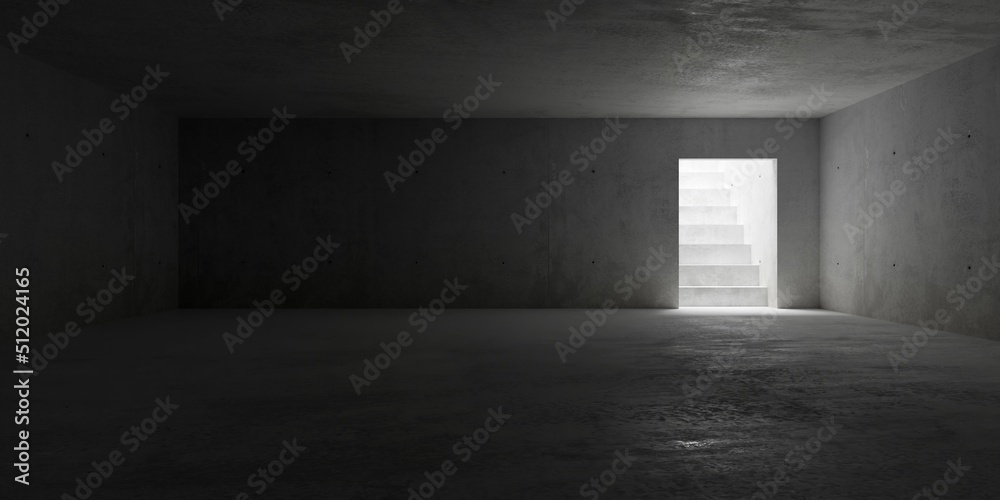 Abstract empty, modern concrete room with indirect lighting from stairs on the back wall and rough floor - industrial interior background template Abstract empty, modern concrete room with indirect lighting from stairs on the back wall and rough floor - industrial interior background template