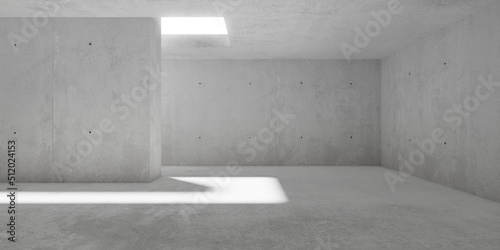 Abstract empty, modern concrete room with opening around pillar in the ceiling and rough floor - industrial interior background template
