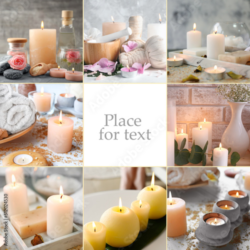 Spa collage with burning candles and space for text