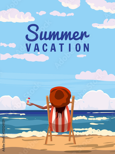 Woman in red hat lying on deck chair with cocktail in hand, rest, resort tropical coast. Vacation resort, exotic sea ocean shore sand, palms. Vector illustration