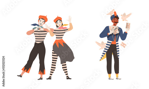 Artists performing at circus show set. Couple of mimes performing pantomime, magician performing with pigeons vector illustration