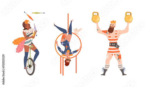 Artists performing at circus show set. Strongman lifting kettlebells, aerialist performing on hoop, juggler riding unicycle vector illustration
