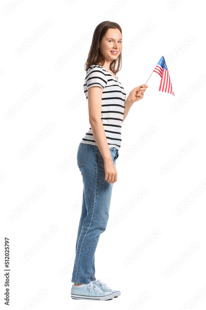 Pretty young woman with USA flag on white background