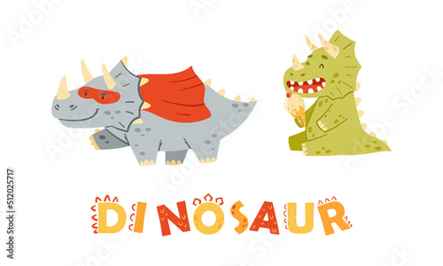 Dino party. Cute dinosaurs dressed masquerade costumes cartoon vector illustration
