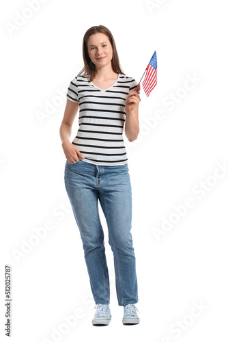 Pretty young woman with USA flag on white background
