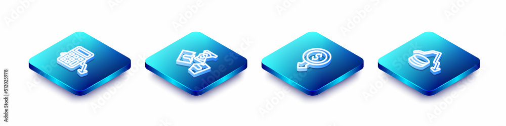 Set Isometric line Calculation of expenses, Tearing money banknote, Dollar rate decrease and icon. Vector Set Isometric line Calculation of expenses, Tearing money banknote, Dollar rate decrease and icon. Vector