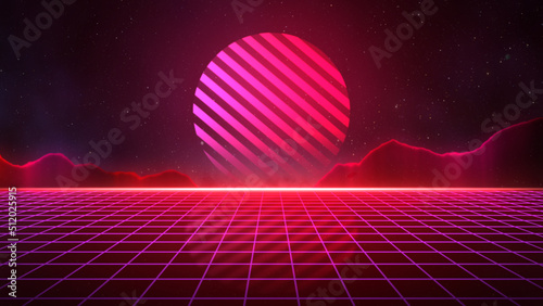 Retro Futuristic 80's Synthwave Sun, Grid and Terrain background