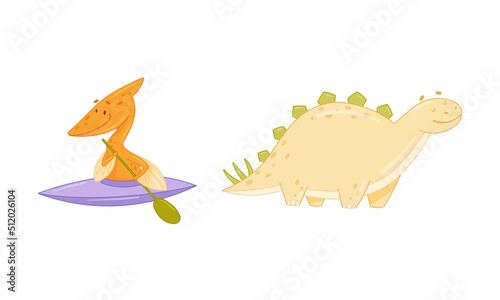Cute baby dinosaurs set. Funny dino canoeing and walking cartoon vector illustration