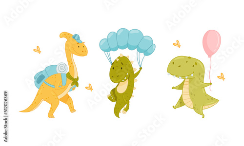 Cute baby dinosaurs activities set. Funny dino flying with parachute  traveling with backpack cartoon vector illustration