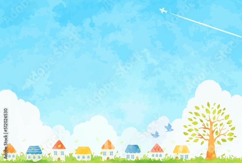綺麗な青空と街並みの風景イラスト