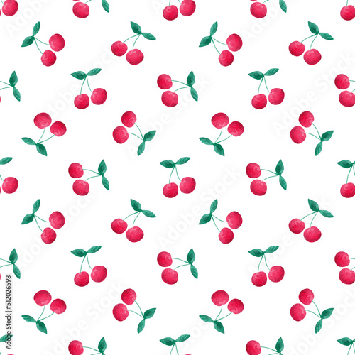 Red watercolor cherries, pattern on white background