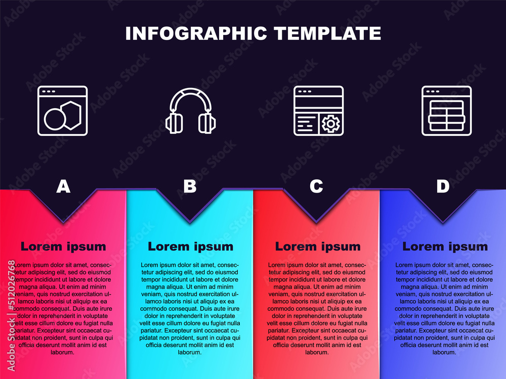 Set line Software, Headphones, Debugging and MySQL code. Business infographic template. Vector